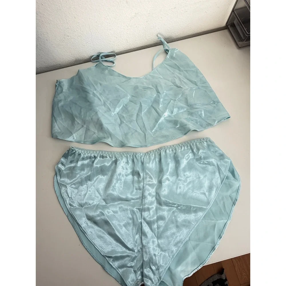 Vintage National Corset Lingerie Set Blue Satin Camisole Tap Shorts USA Made M
